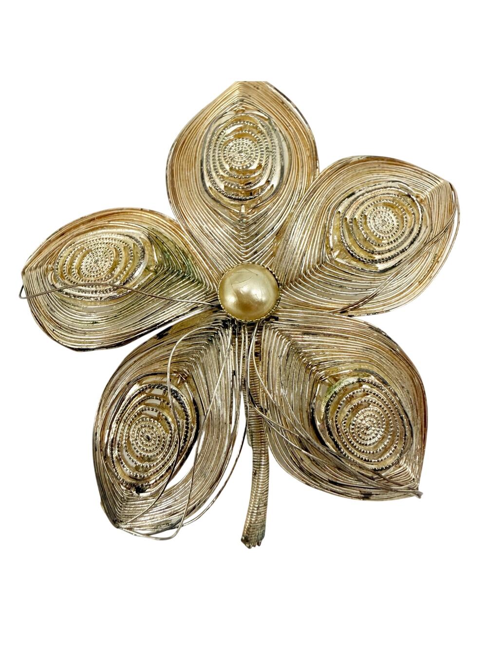 vintage silver wirework metal flower BROOCH costume jewelry pin wire wrap pearl
